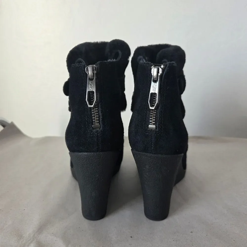 UGG Antonia Wedge Heel Bootie Ankle Boot Black Suede Sherpa Warm Winter Size 9